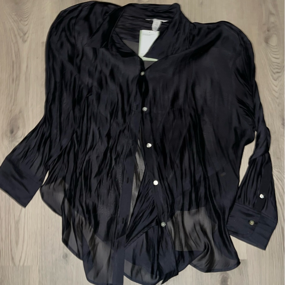H&M Gray Button Down Shirt XL – NWT – Sheer Blouse